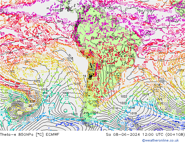 Theta-e 850hPa ECMWF So 08.06.2024 12 UTC