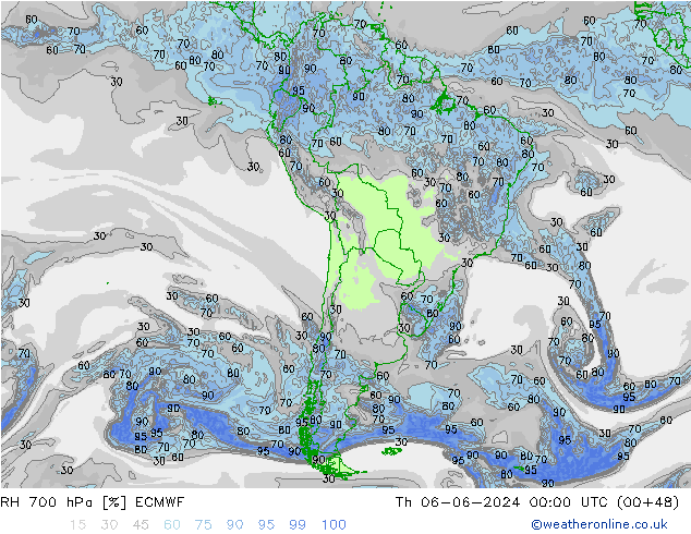 RH 700 hPa ECMWF Čt 06.06.2024 00 UTC