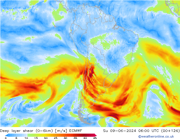 Deep layer shear (0-6km) ECMWF nie. 09.06.2024 06 UTC