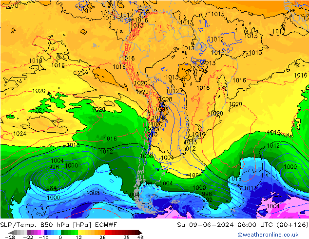 SLP/Temp. 850 hPa ECMWF  09.06.2024 06 UTC