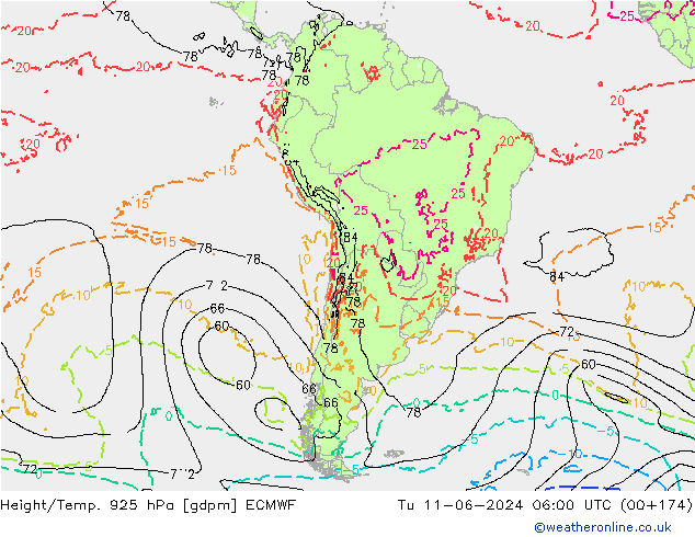 Géop./Temp. 925 hPa ECMWF mar 11.06.2024 06 UTC