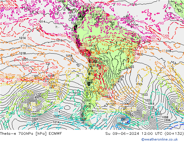 Theta-e 700hPa ECMWF Paz 09.06.2024 12 UTC