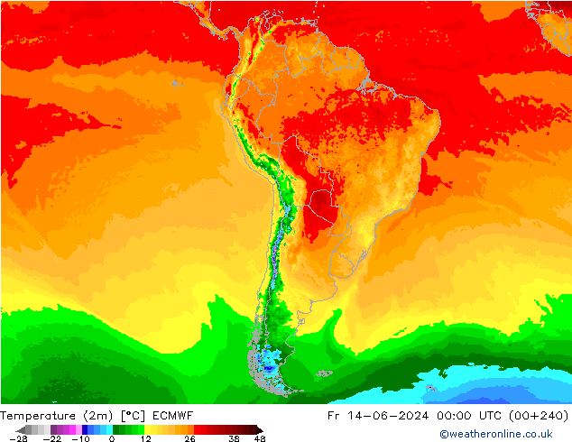 Temperatuurkaart (2m) ECMWF vr 14.06.2024 00 UTC