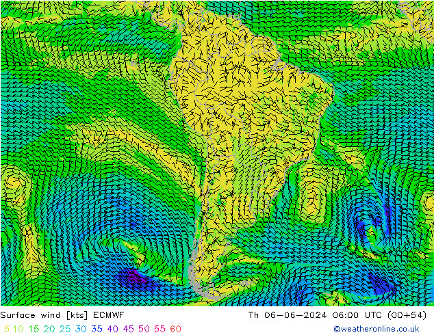 Surface wind ECMWF Čt 06.06.2024 06 UTC