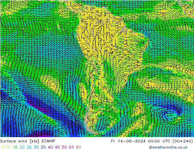 Vento 10 m ECMWF ven 14.06.2024 00 UTC