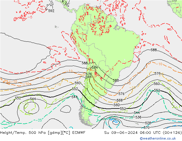 Hoogte/Temp. 500 hPa ECMWF zo 09.06.2024 06 UTC