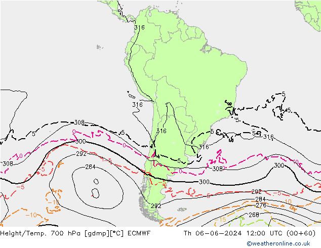 Geop./Temp. 700 hPa ECMWF jue 06.06.2024 12 UTC