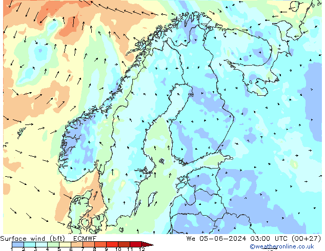 Vento 10 m (bft) ECMWF Qua 05.06.2024 03 UTC