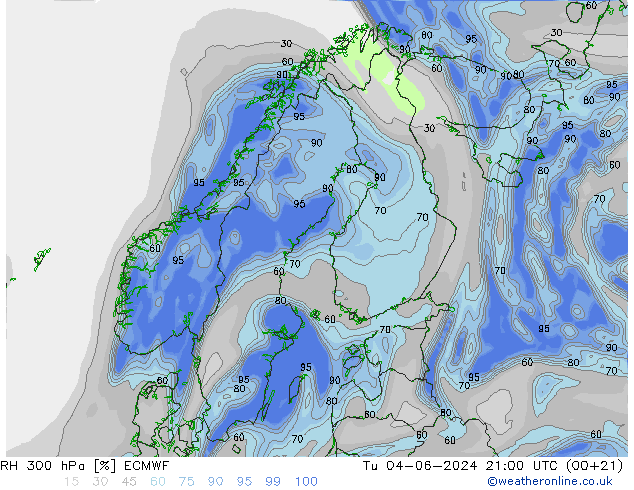 RH 300 hPa ECMWF Út 04.06.2024 21 UTC