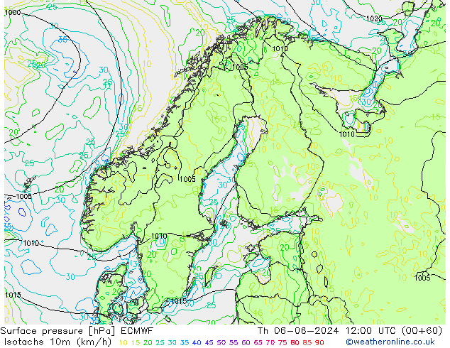 Isotachs (kph) ECMWF Th 06.06.2024 12 UTC