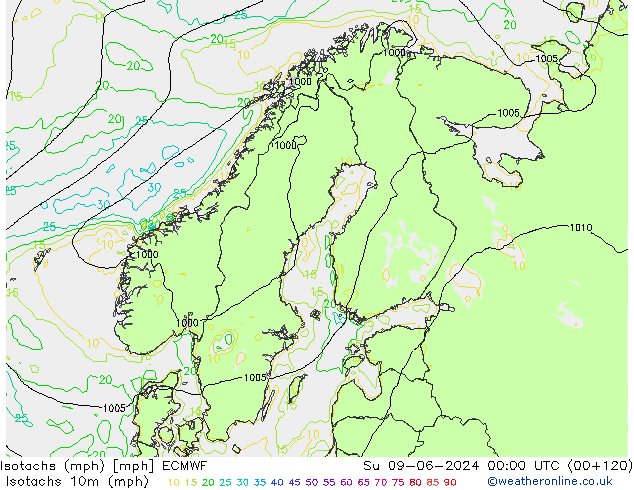 Isotachs (mph) ECMWF Su 09.06.2024 00 UTC