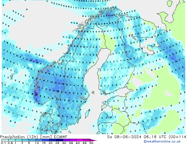 Precipitation (12h) ECMWF So 08.06.2024 18 UTC