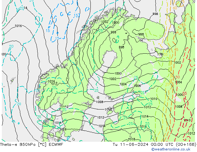 Theta-e 850hPa ECMWF wto. 11.06.2024 00 UTC