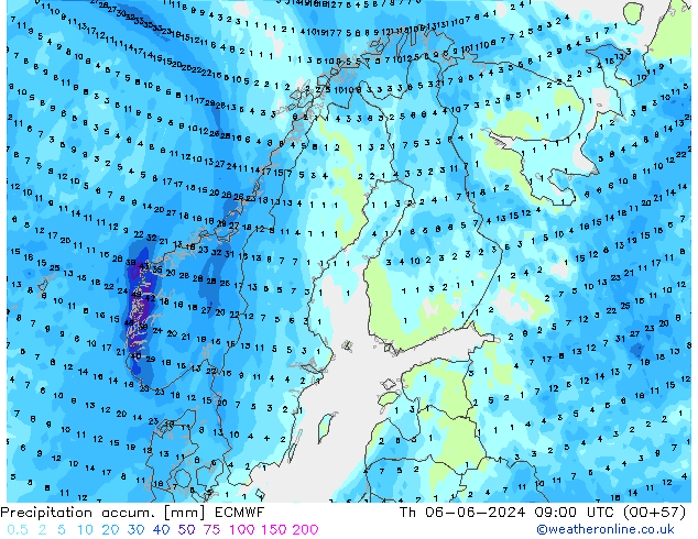 Precipitation accum. ECMWF Čt 06.06.2024 09 UTC