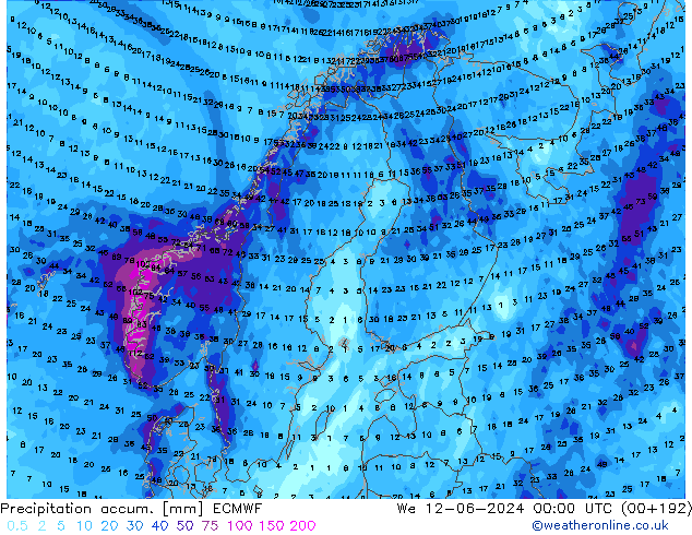 Precipitation accum. ECMWF We 12.06.2024 00 UTC