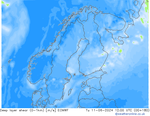 Deep layer shear (0-1km) ECMWF Út 11.06.2024 12 UTC