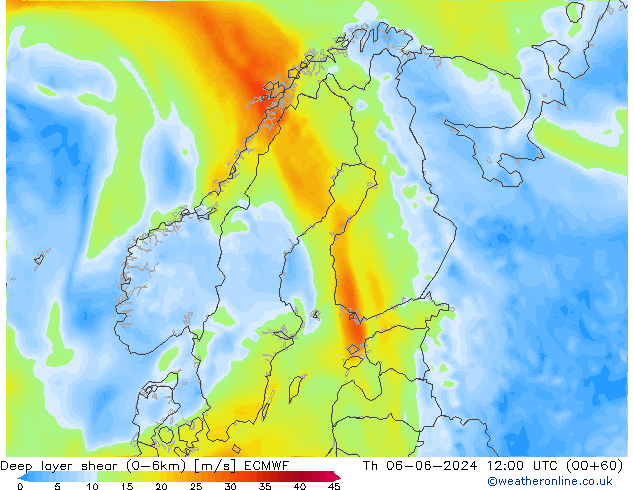 Deep layer shear (0-6km) ECMWF jue 06.06.2024 12 UTC