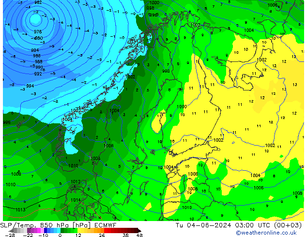 SLP/Temp. 850 hPa ECMWF mar 04.06.2024 03 UTC