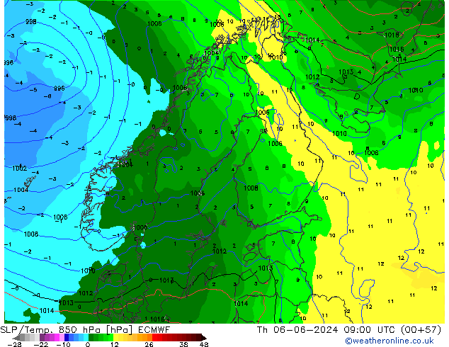 SLP/Temp. 850 hPa ECMWF czw. 06.06.2024 09 UTC