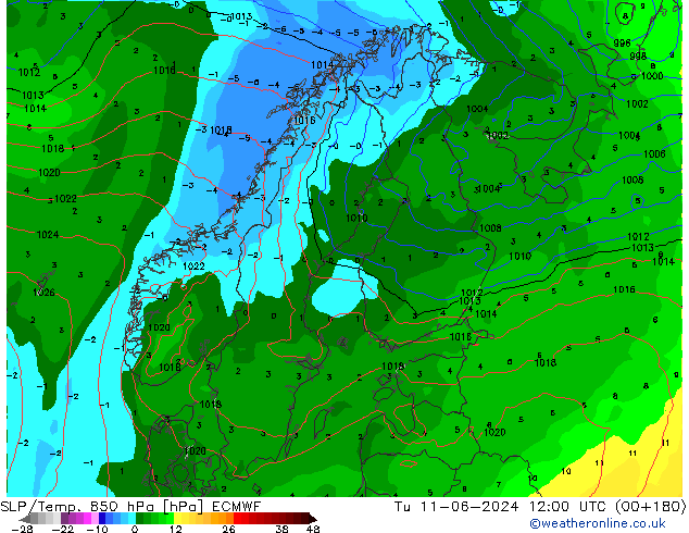 SLP/Temp. 850 hPa ECMWF Tu 11.06.2024 12 UTC