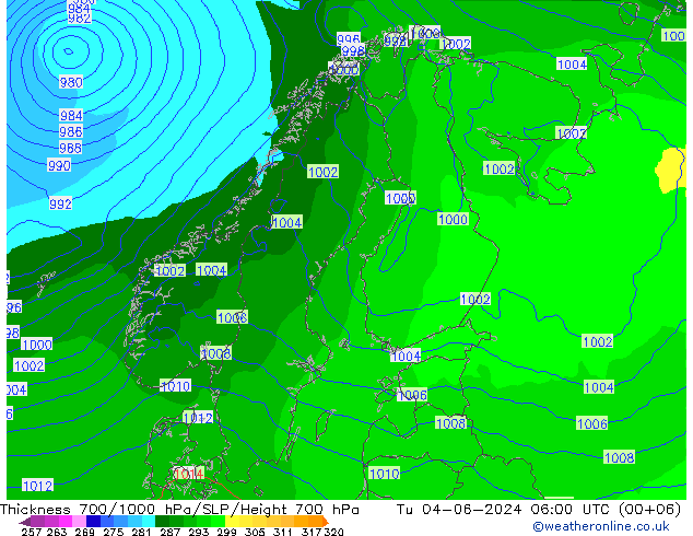 Thck 700-1000 hPa ECMWF Tu 04.06.2024 06 UTC