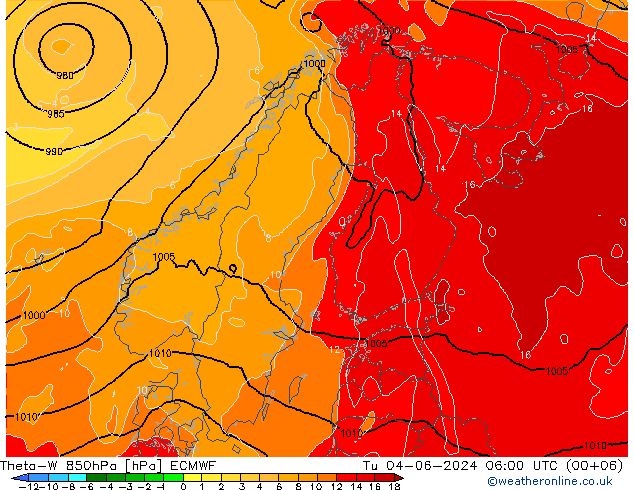 Theta-W 850hPa ECMWF wto. 04.06.2024 06 UTC