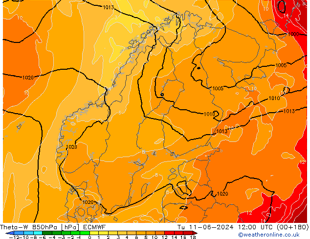 Theta-W 850hPa ECMWF Út 11.06.2024 12 UTC