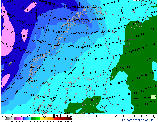 Z500/Yağmur (+YB)/Z850 ECMWF Sa 04.06.2024 18 UTC