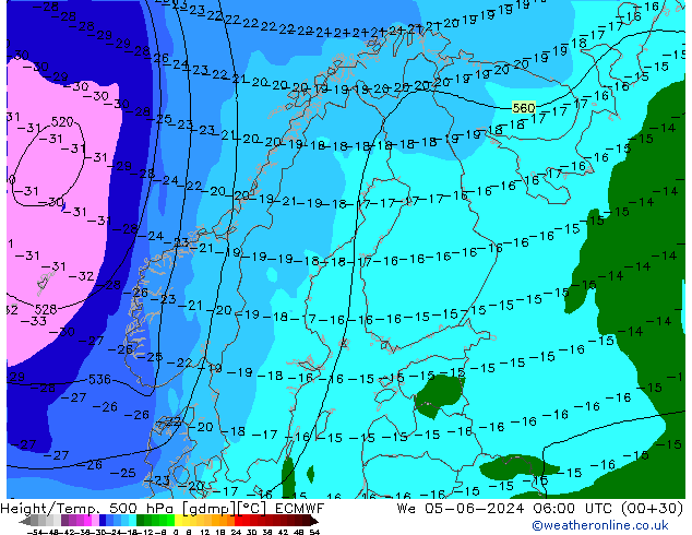 Z500/Rain (+SLP)/Z850 ECMWF We 05.06.2024 06 UTC