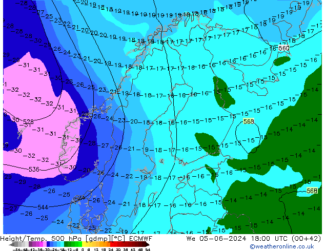 Height/Temp. 500 hPa ECMWF śro. 05.06.2024 18 UTC