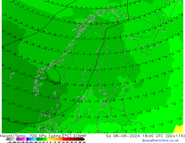 Height/Temp. 700 hPa ECMWF Sáb 08.06.2024 18 UTC