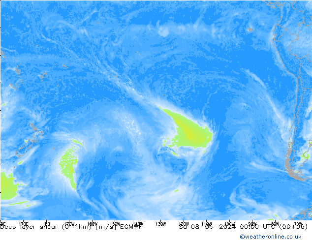 Deep layer shear (0-1km) ECMWF So 08.06.2024 00 UTC