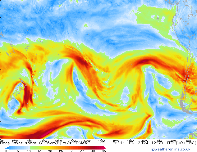 Deep layer shear (0-6km) ECMWF wto. 11.06.2024 12 UTC