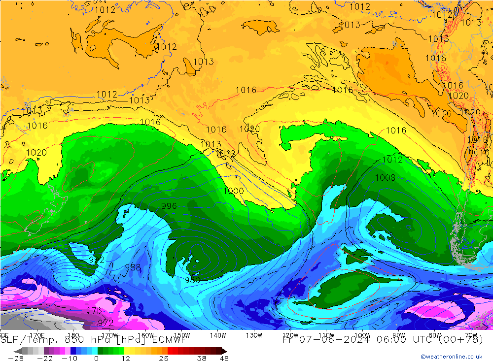 SLP/Temp. 850 hPa ECMWF Fr 07.06.2024 06 UTC