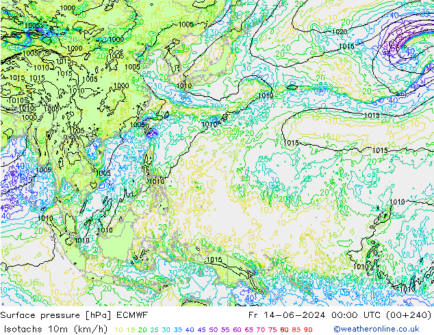 Isotachen (km/h) ECMWF Fr 14.06.2024 00 UTC