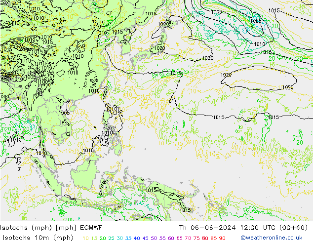 Isotachs (mph) ECMWF jeu 06.06.2024 12 UTC