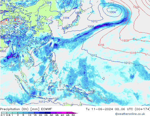 Precipitation (6h) ECMWF Út 11.06.2024 06 UTC