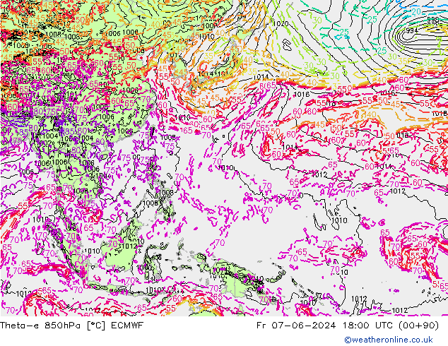 Theta-e 850hPa ECMWF ven 07.06.2024 18 UTC