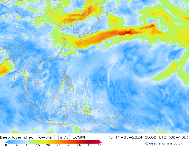 Deep layer shear (0-6km) ECMWF di 11.06.2024 00 UTC