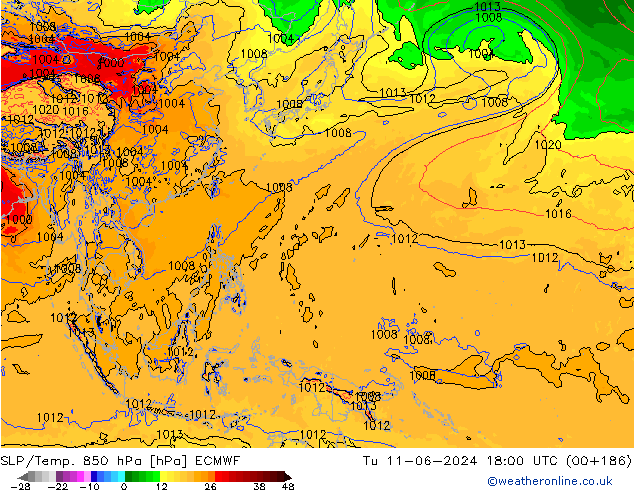 SLP/Temp. 850 hPa ECMWF Tu 11.06.2024 18 UTC