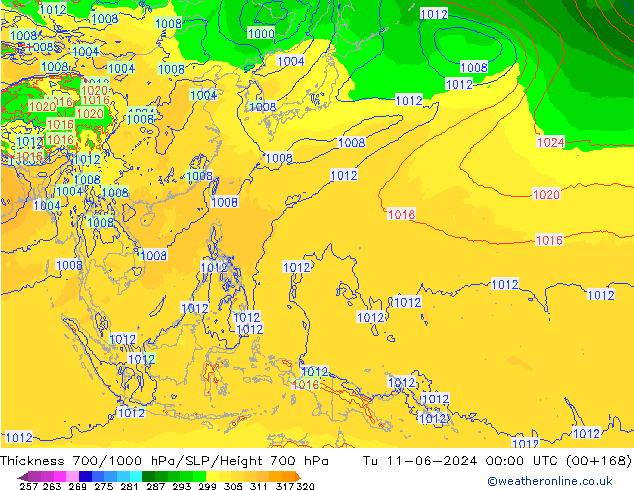 Thck 700-1000 hPa ECMWF Ter 11.06.2024 00 UTC