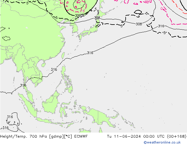 Hoogte/Temp. 700 hPa ECMWF di 11.06.2024 00 UTC