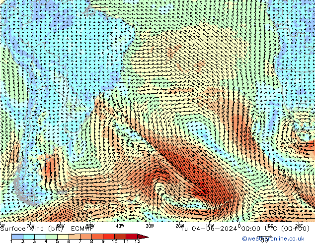 Vent 10 m (bft) ECMWF mar 04.06.2024 00 UTC