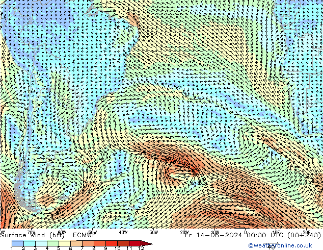 Surface wind (bft) ECMWF Fr 14.06.2024 00 UTC