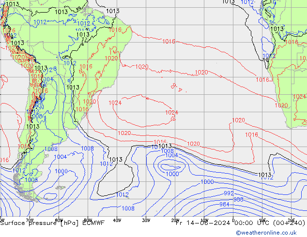 Presión superficial ECMWF vie 14.06.2024 00 UTC