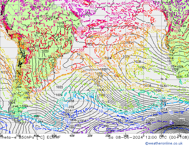 Theta-e 850hPa ECMWF so. 08.06.2024 12 UTC