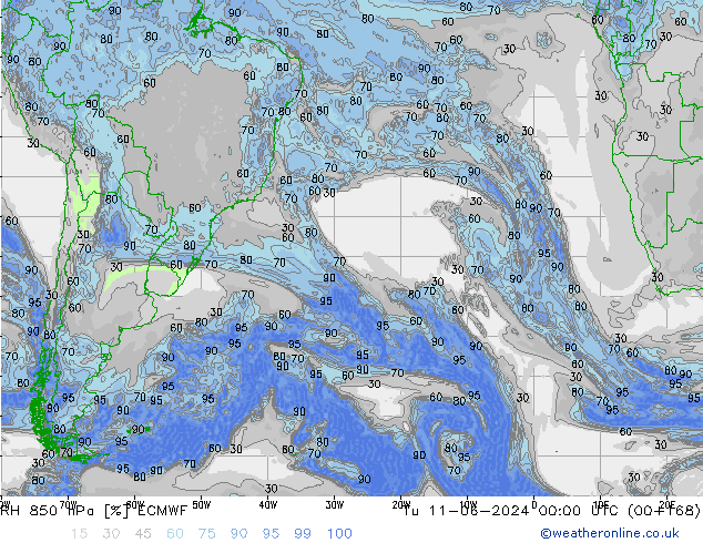 RH 850 hPa ECMWF mar 11.06.2024 00 UTC