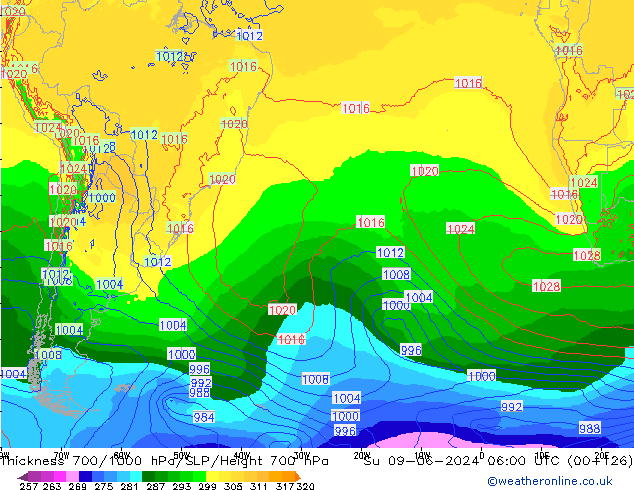 Espesor 700-1000 hPa ECMWF dom 09.06.2024 06 UTC