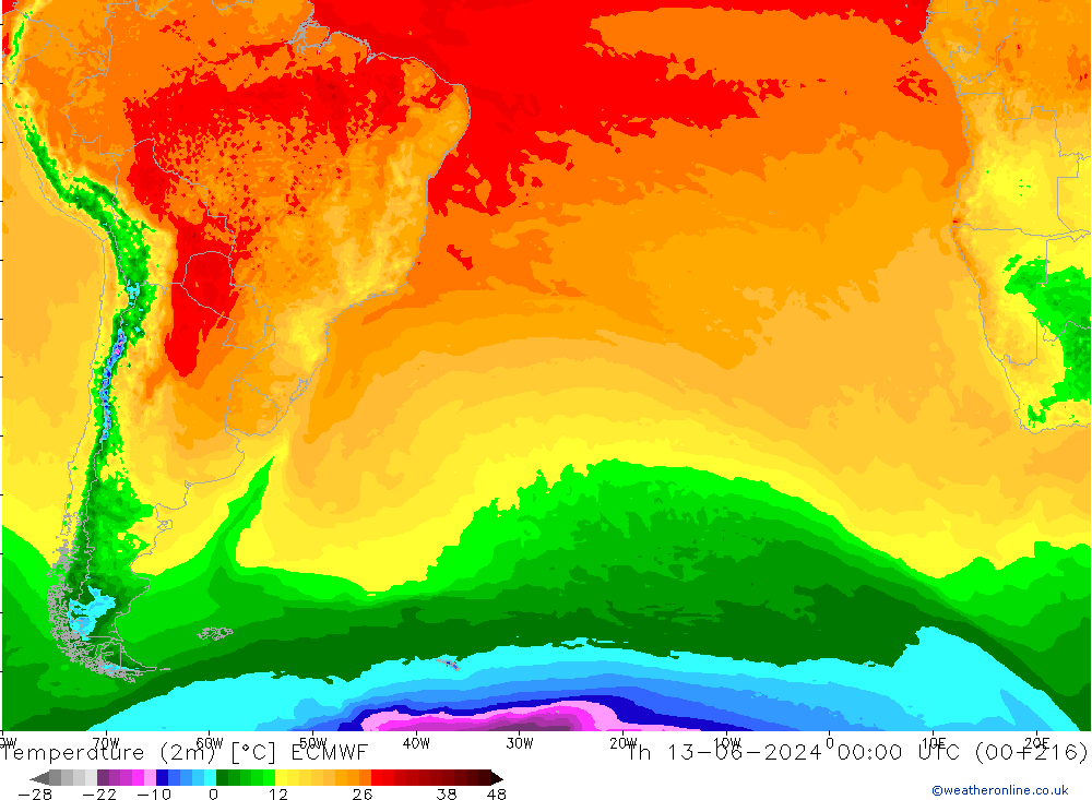 Temperatura (2m) ECMWF jue 13.06.2024 00 UTC