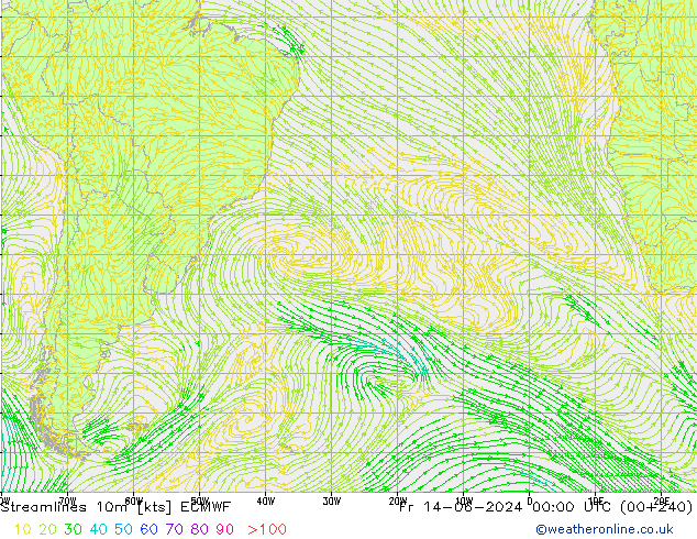 Linia prądu 10m ECMWF pt. 14.06.2024 00 UTC